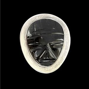 Vintage Mexican sterling silver obsidian warrior face mask brooch pin